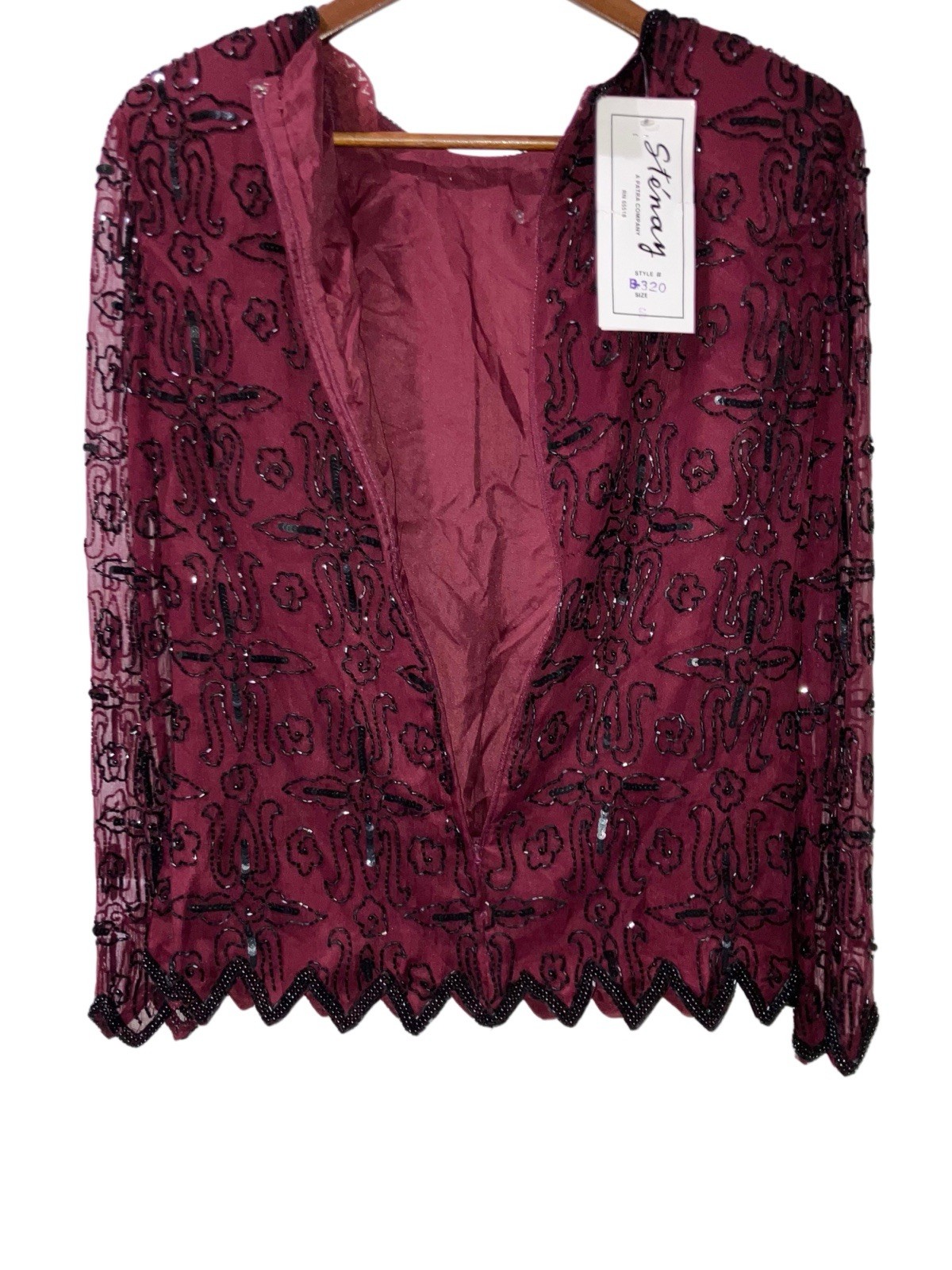 Vintage Stenay Oxblood Burgundy Maroon Black Sequin SILK Blouse Beaded Small NWT