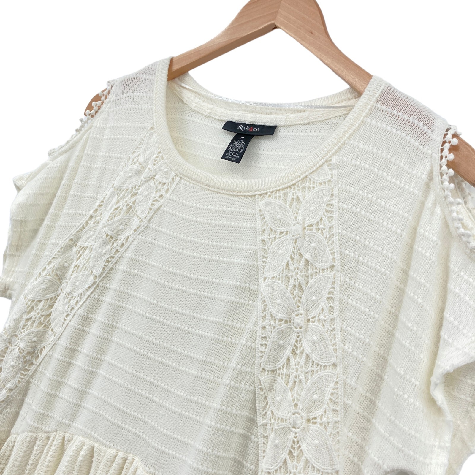 Style&co. Blouse Top Women Medium Cream Knit Short Cold Shoulder Sleeve Pullover