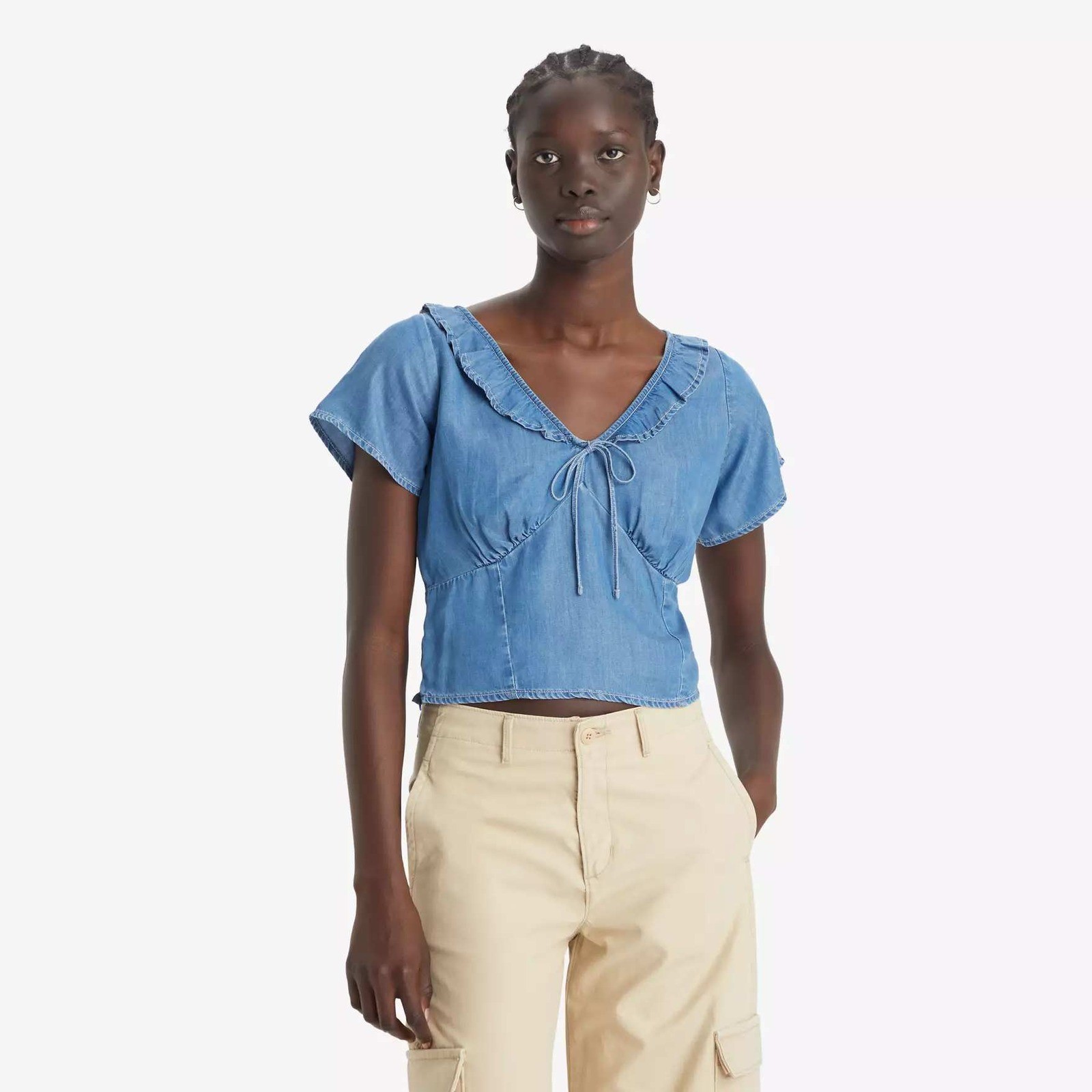 Levi’s Mylene Blouse Womens Medium Blue Denim Ruffle Tie Front Cottagecore Boho