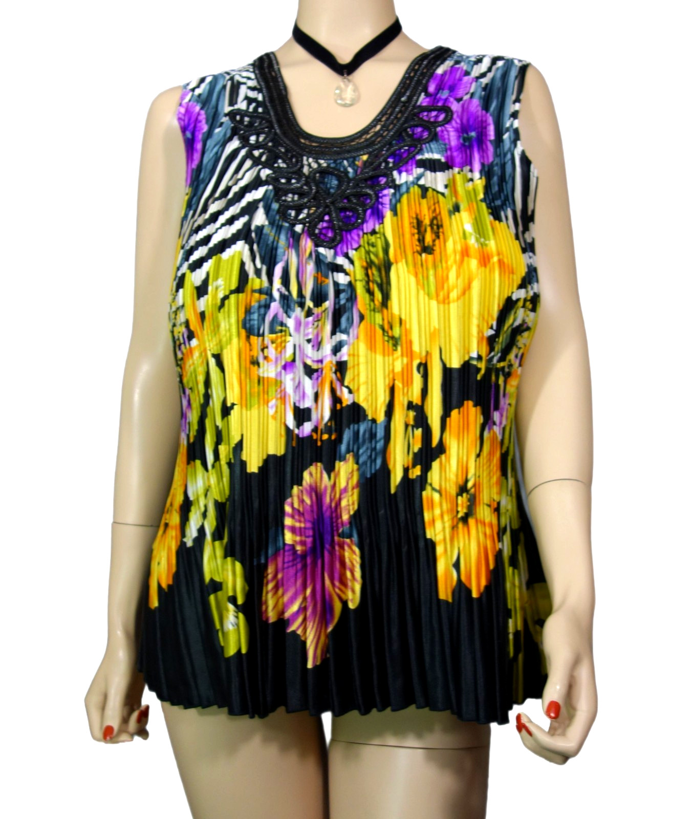 Milano~ 1X Vivid Colors Satiny Mini Pleated Stretchy Tunic Sleeveless Top V-Neck