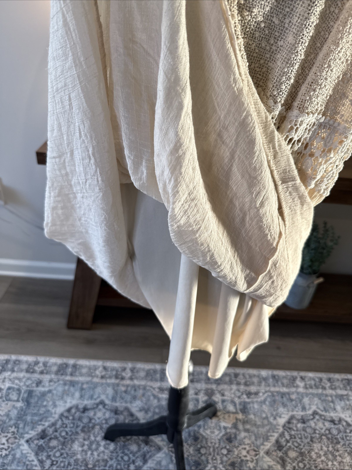 Cal Style Beige Crochet Lace Boho Peasant Top Romantic Bell sleeve