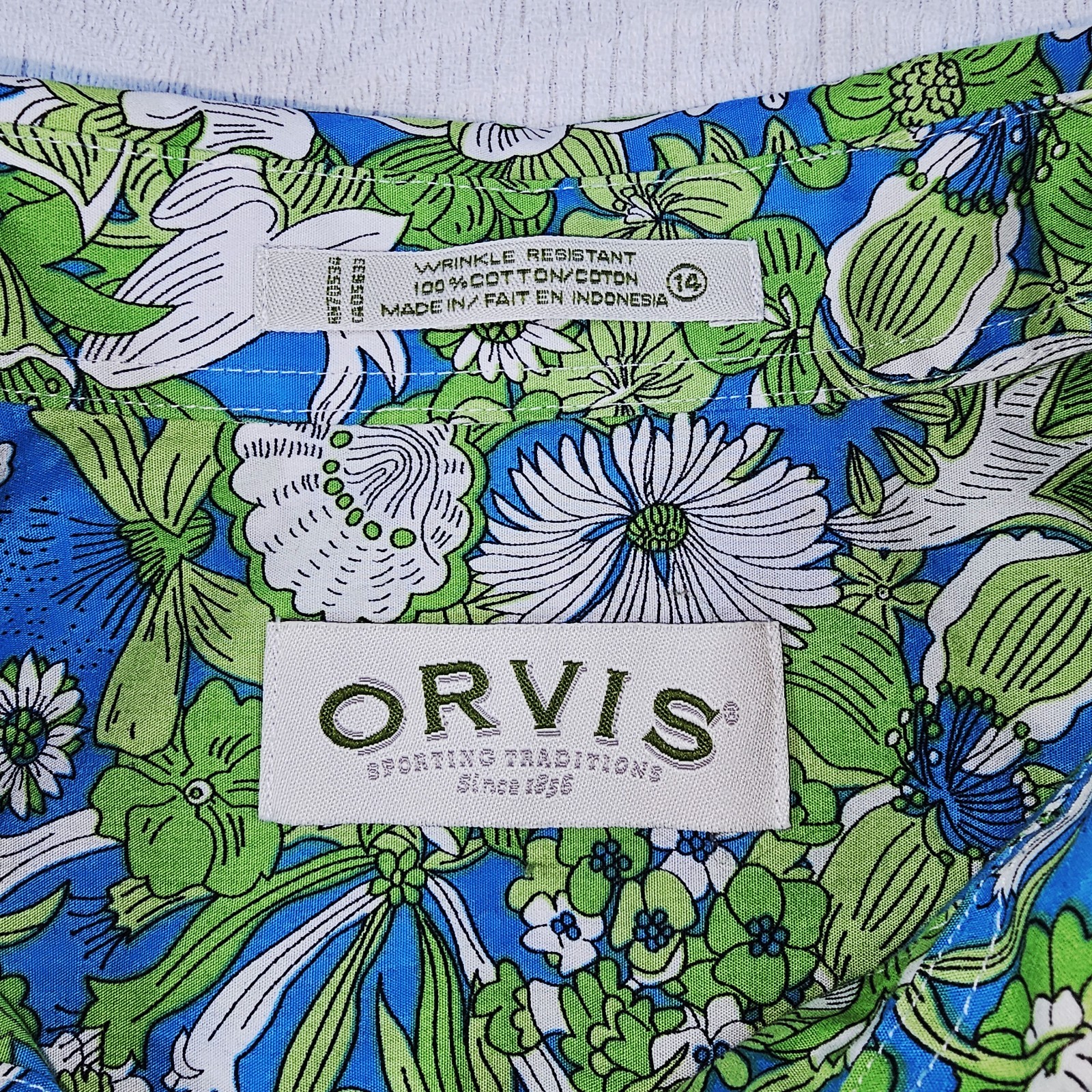 ORIVS Wrinkle Resistant Cotton Shirt Blouse Green Aqua & White Floral Nature 14