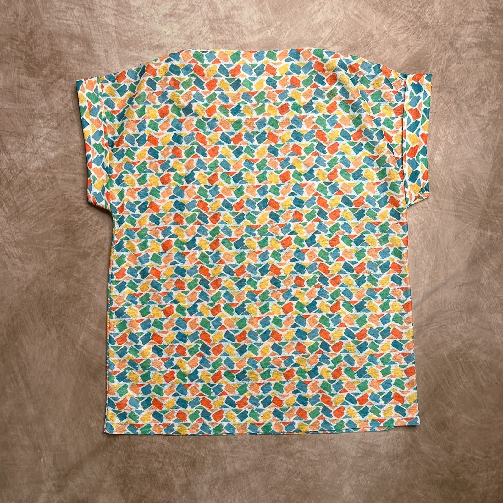 Vintage 70s Woven Polyester Top Multicolor Geometric Short Sleeve Shirt Retro