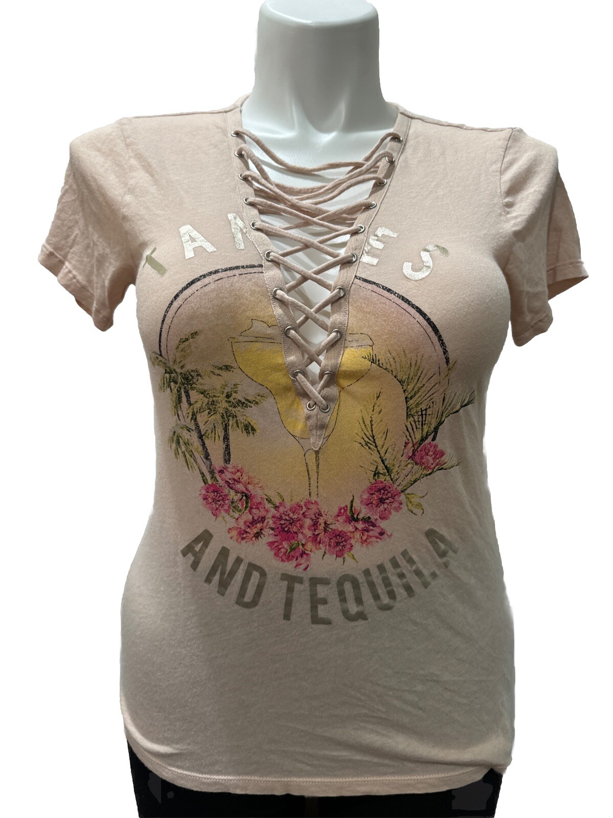 Express One Eleven Pink Tamales &Tequila Pink Shirt V Neck Low Cut Draw String S