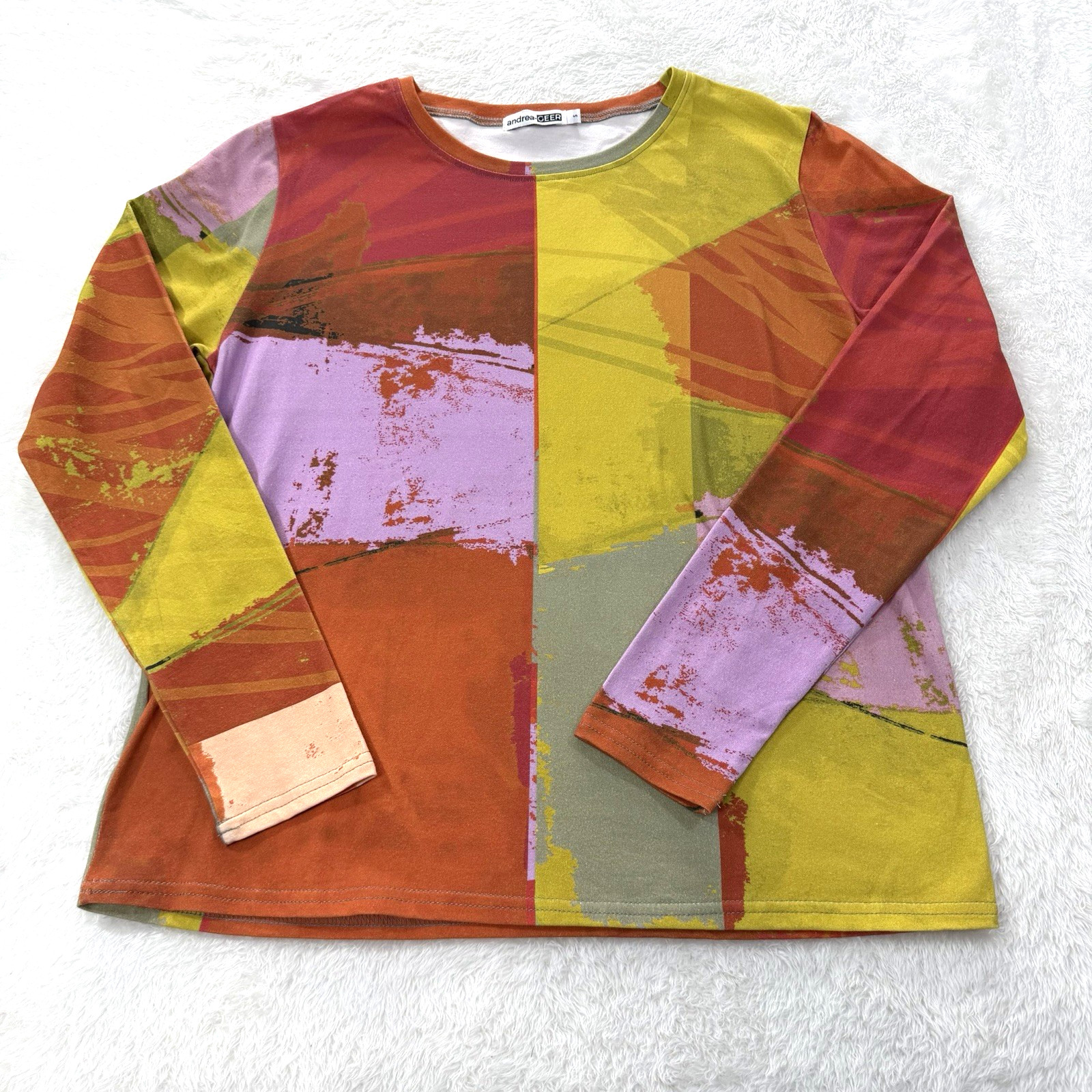 Andrea Geer Fitted Tee Multi-Colored Abstract Art to Wear Long Sleeve Size Small