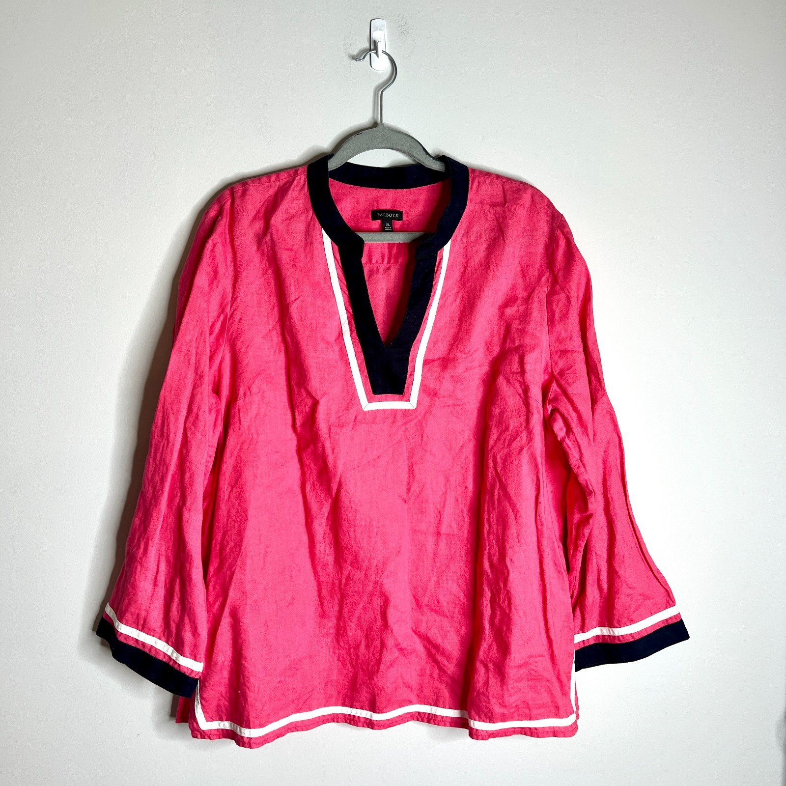 Talbots 100% Linen Notch Neck Pink Flowy Top Coastal Nautical Beachy Sz Large