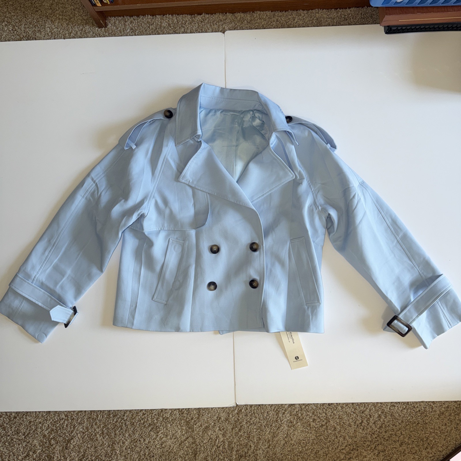 Saodimallsu Women’s Small Sky Blue Crop Trenchcoat Long Sleeve Button Front NWT