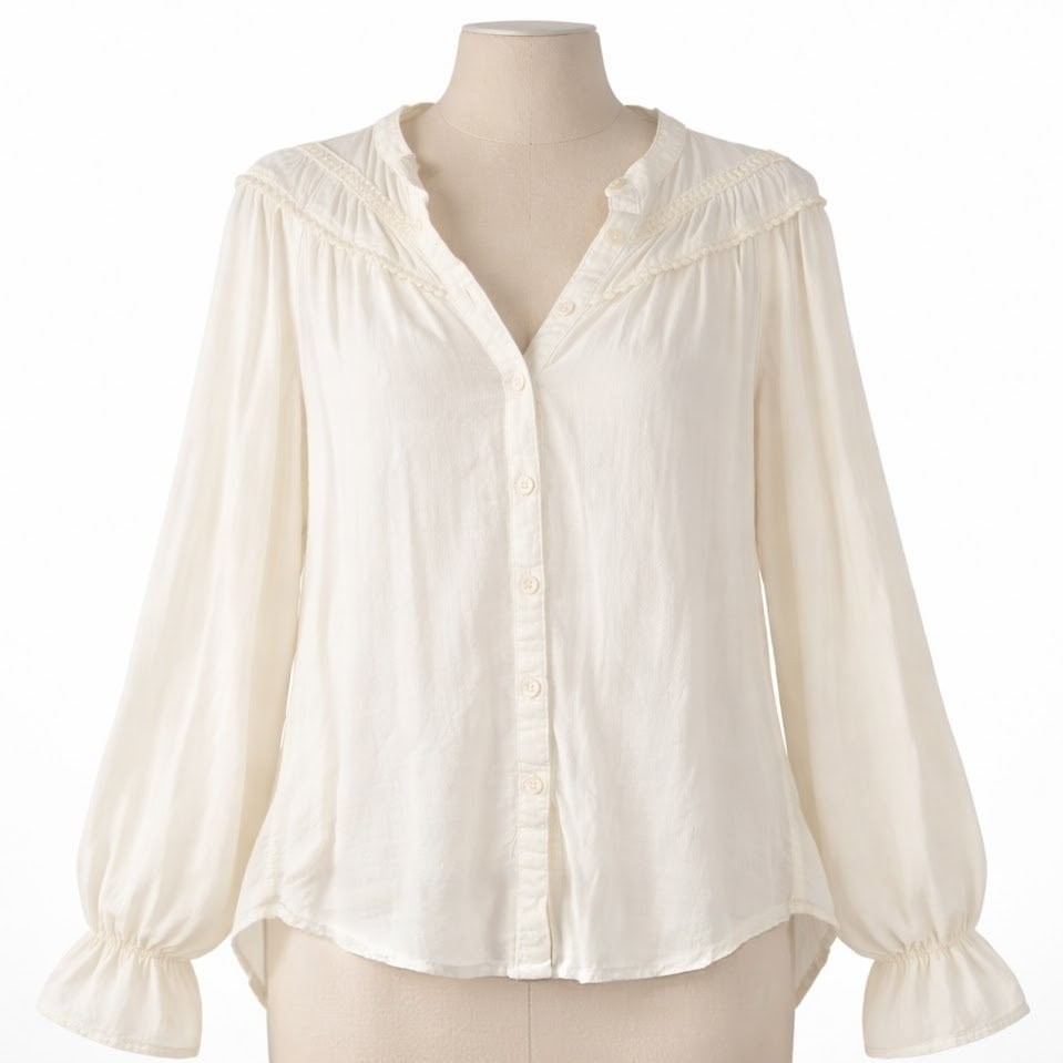Lace Balloon Sleeve Oversized Button Peasant Top Size S Boho Ren Faire Romantic