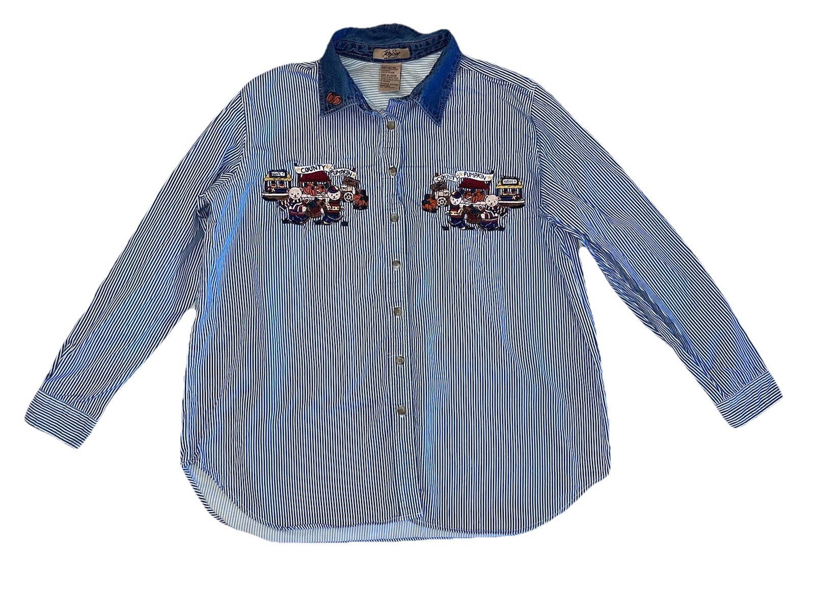 Vintage Fall / Autumn / Harvest Embroidered Bear Striped Denim Jean Shirt 16W