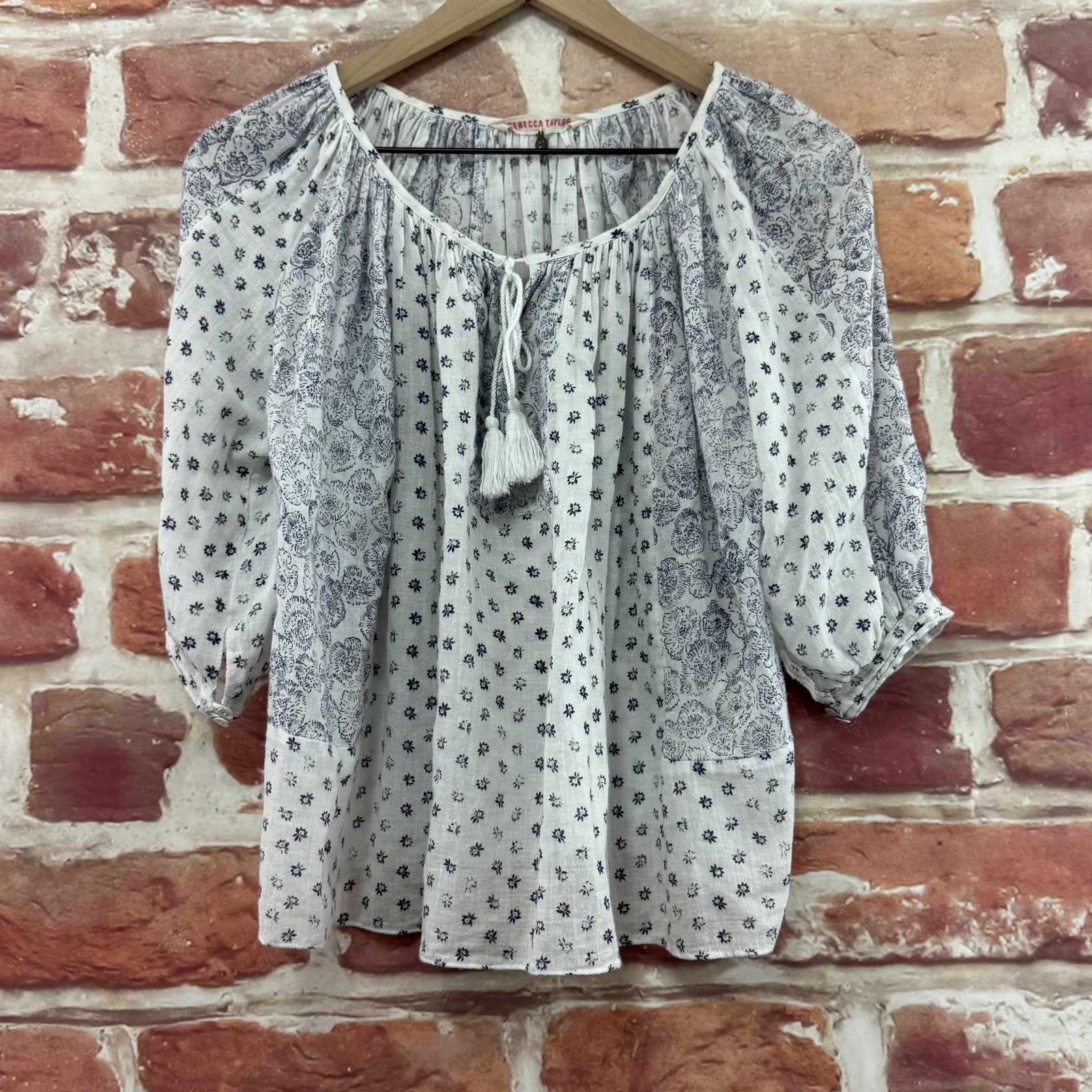 Rebecca Taylor Top Womens 2 White Blue Floral Boho Floral Distressed Shirt