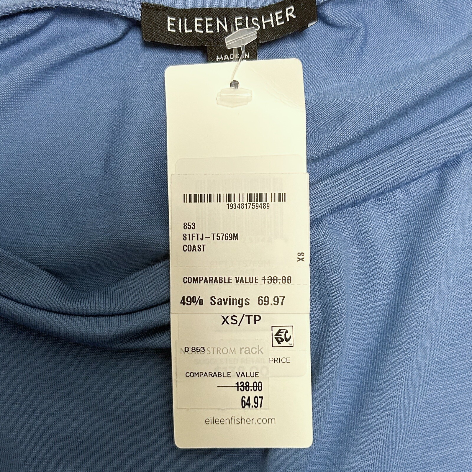 Eileen Fisher Coast Blue Short Sleeve Long A Line Tunic Wide Side Slits XS NWT