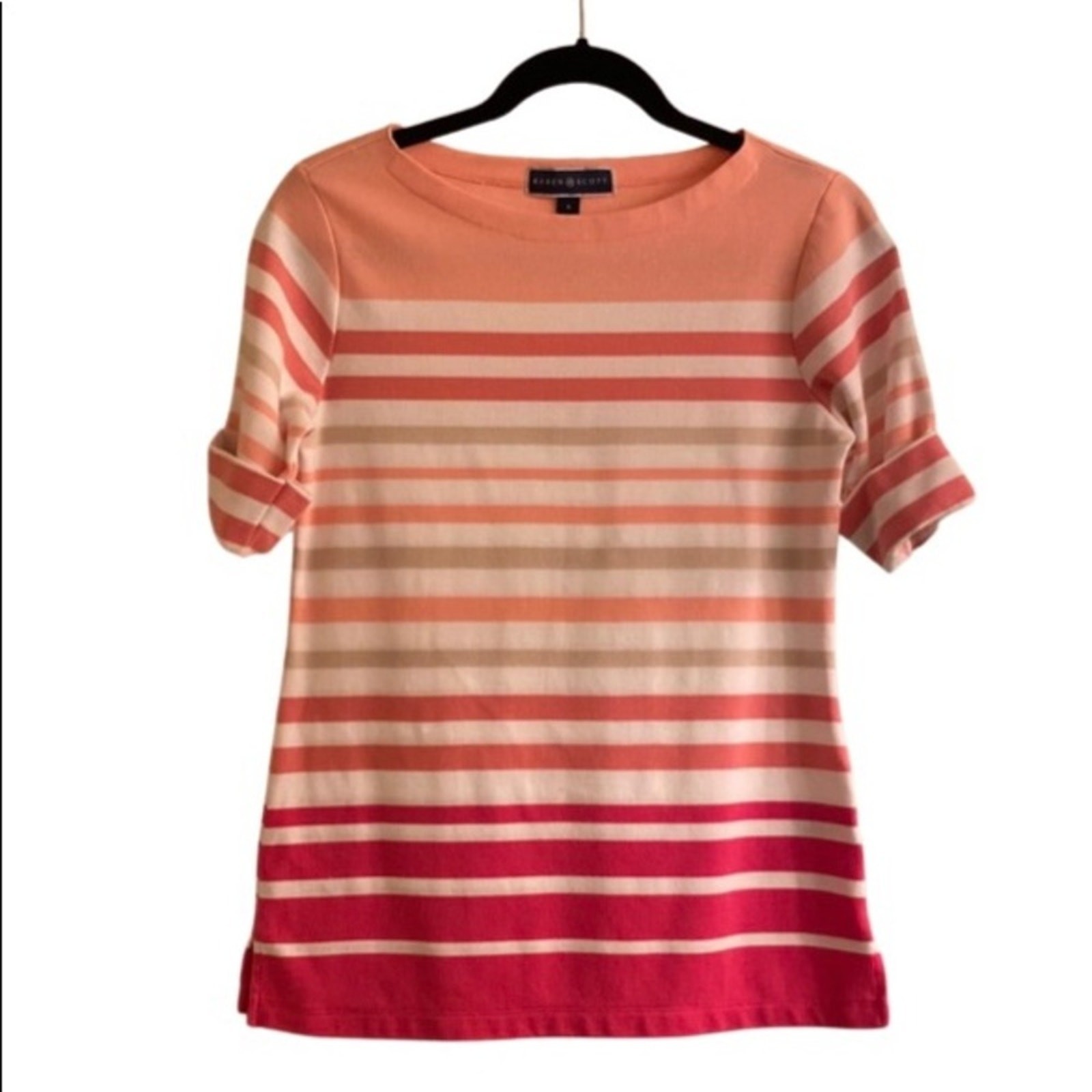 Karen Scott Women’s Cotton Blend Cuffed Short Sleeve Boat Neck Striped Tee Sz S
