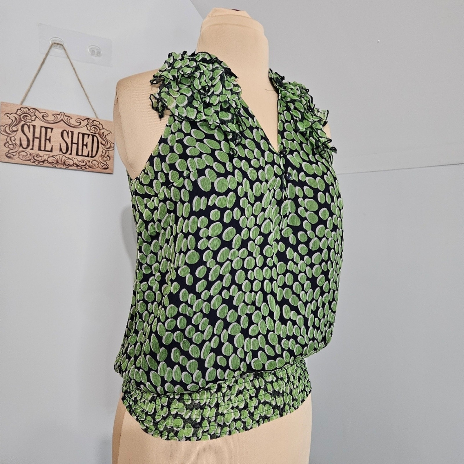 Elena Solano Top 100% Silk Womens Medium Green Blue Ruffled Sleeve Smocked Waist