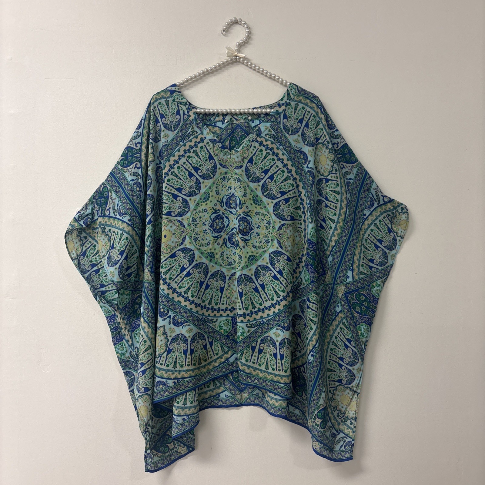 Blue Green Paisley Mandala Print Kaftan Poncho V-Neck Boho Tunic Cover Up