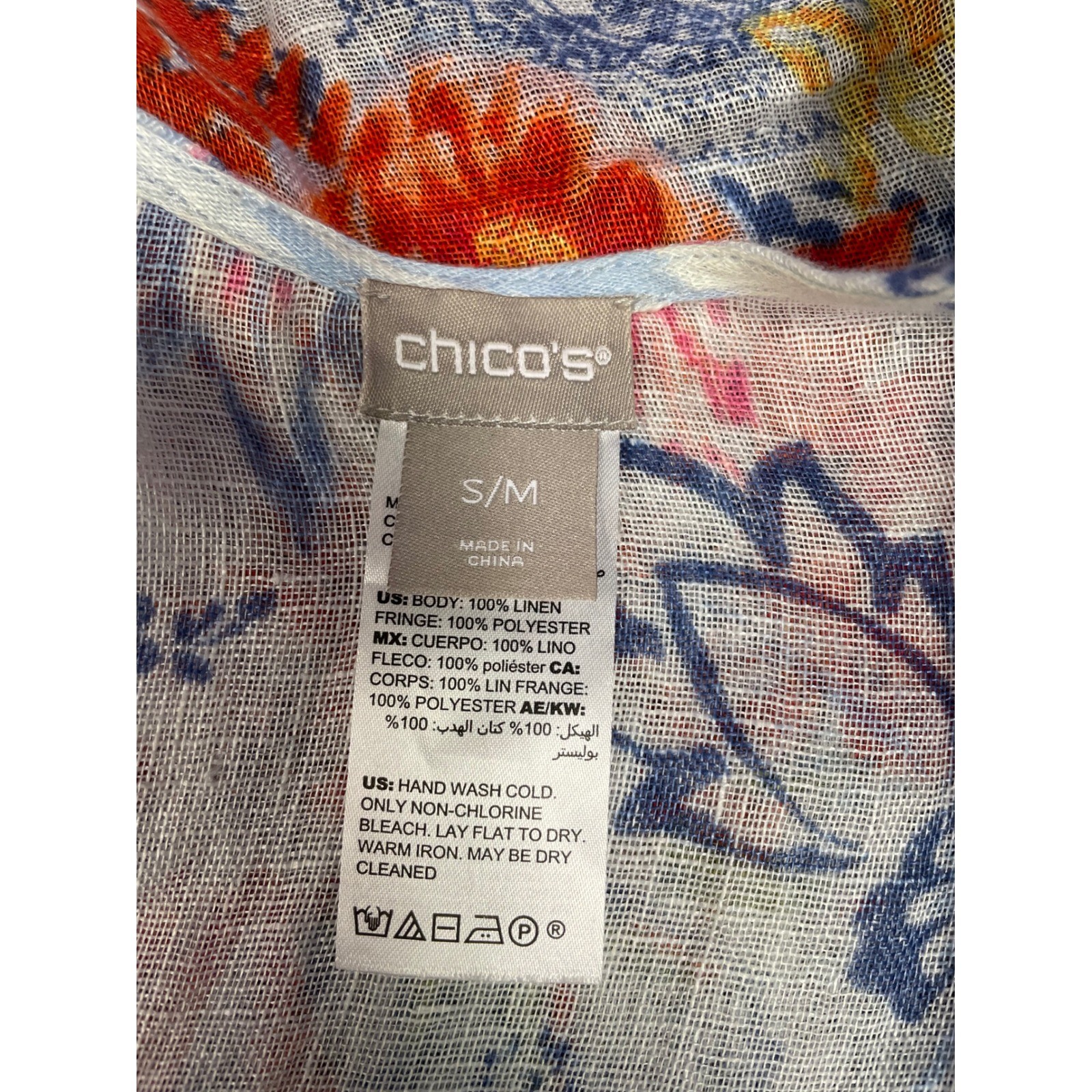 Chicos Ruana Wrap Linen Floral Paisley Kimono Blue White Lace Trim Coastal S/M