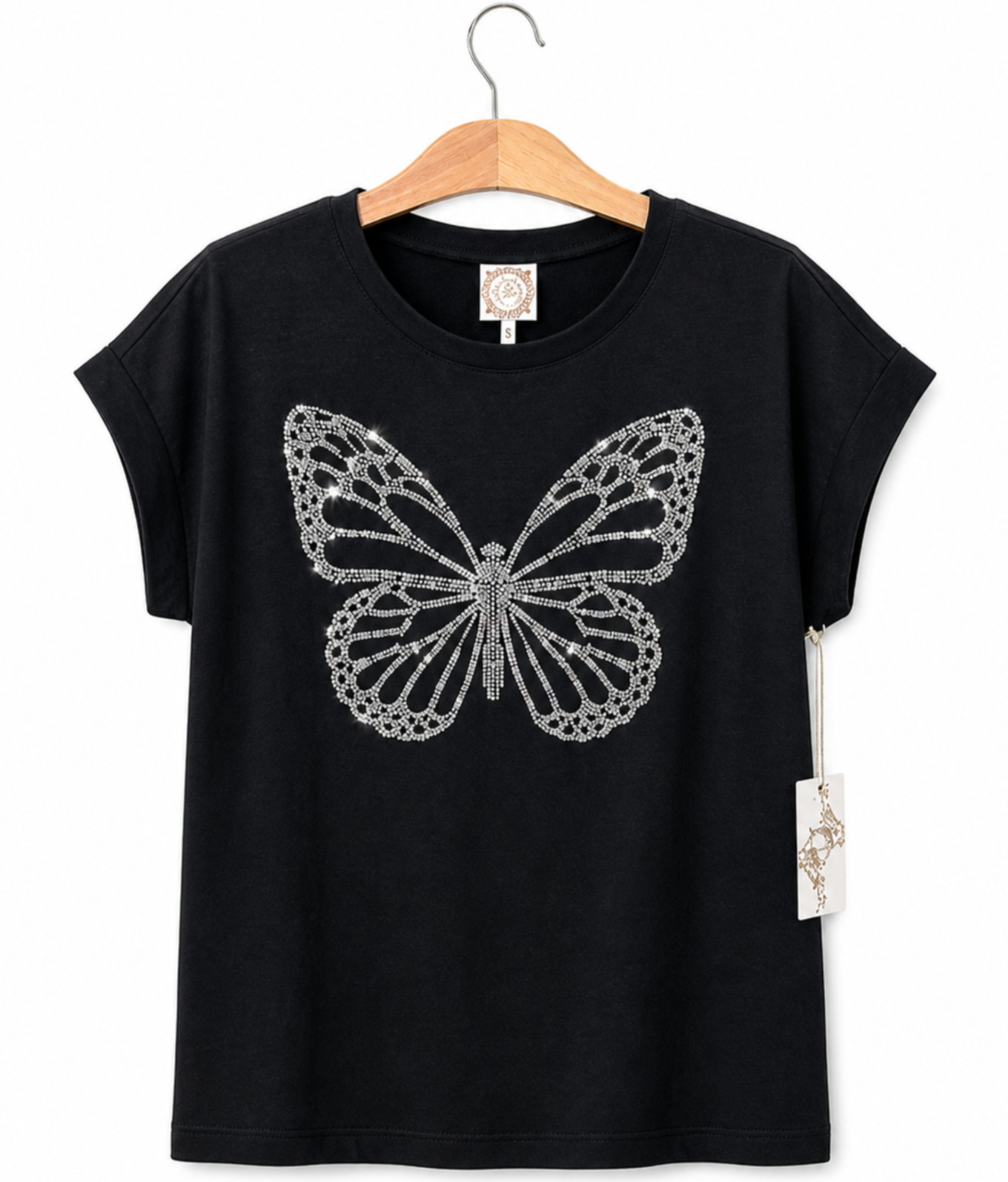 Women Black Butterfly Rhinestone Bling T-Shirt Cap Sleeve Stretch Top Size S NWT