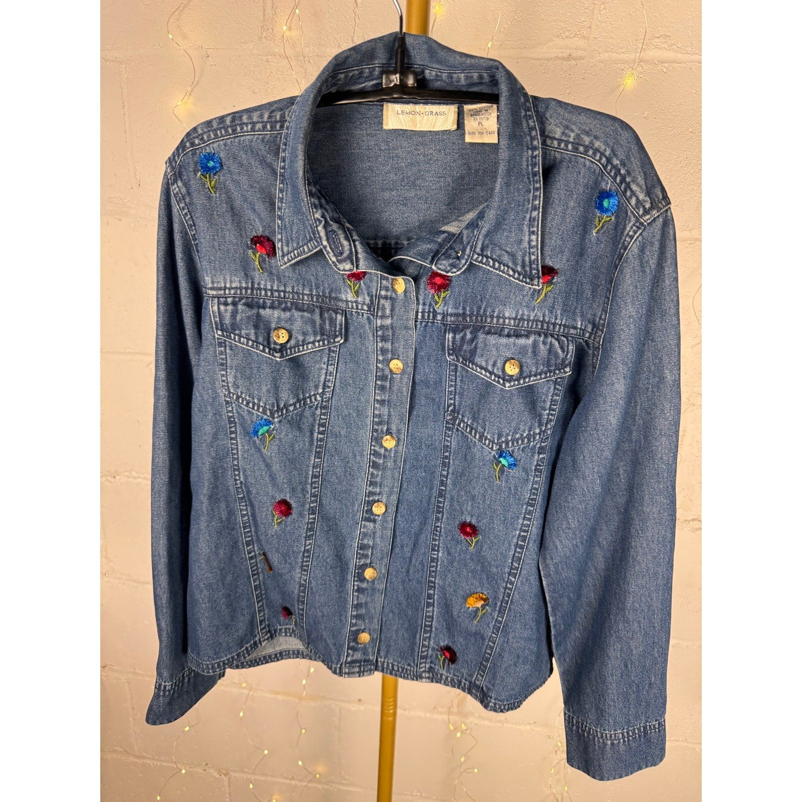 lemon grass women’s embroidered floral denim shirt jacket petite large