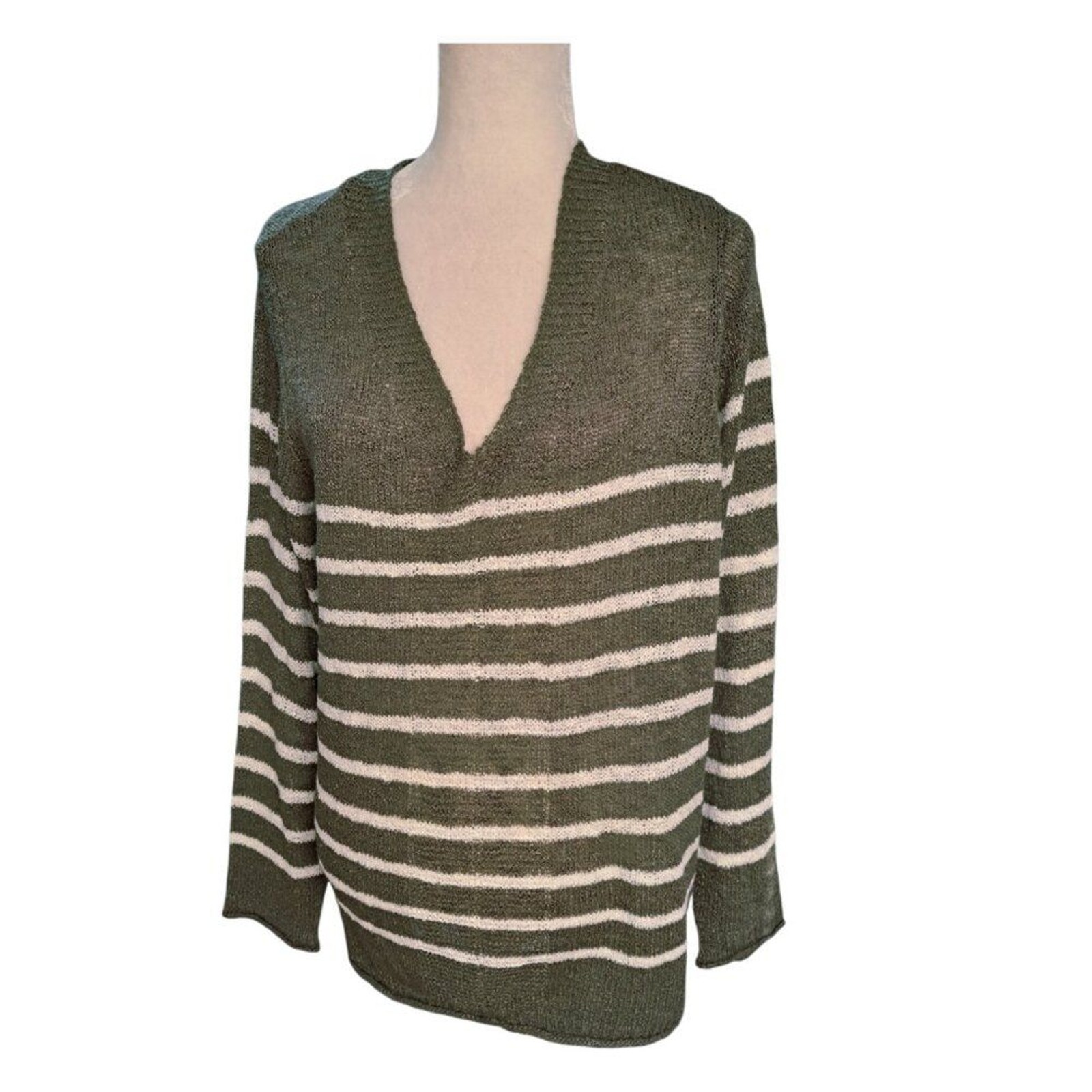 Westport Women’s Knit Pullover Olive Green Striped Long Sleeve Work Sz XL