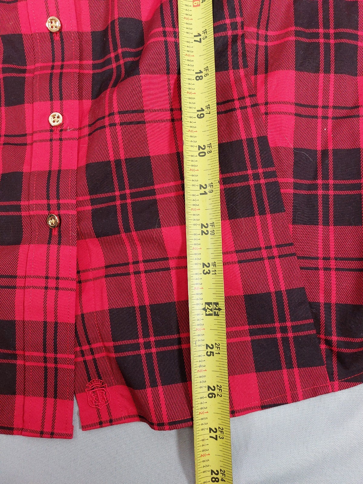Talbots 22WP Red & Black Plaid Button Up Top Gold Buttons Collared Cotton Blend