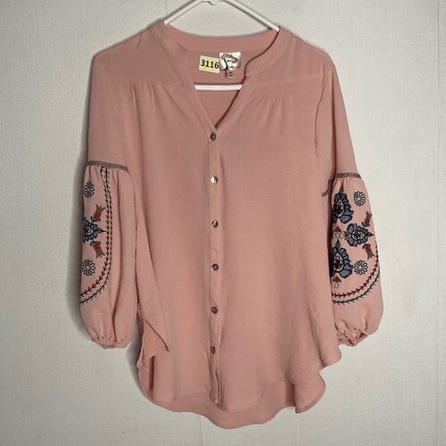 Fig and Flower Pink Floral Embroidered Peasant Blouse Anthro Top Women M China
