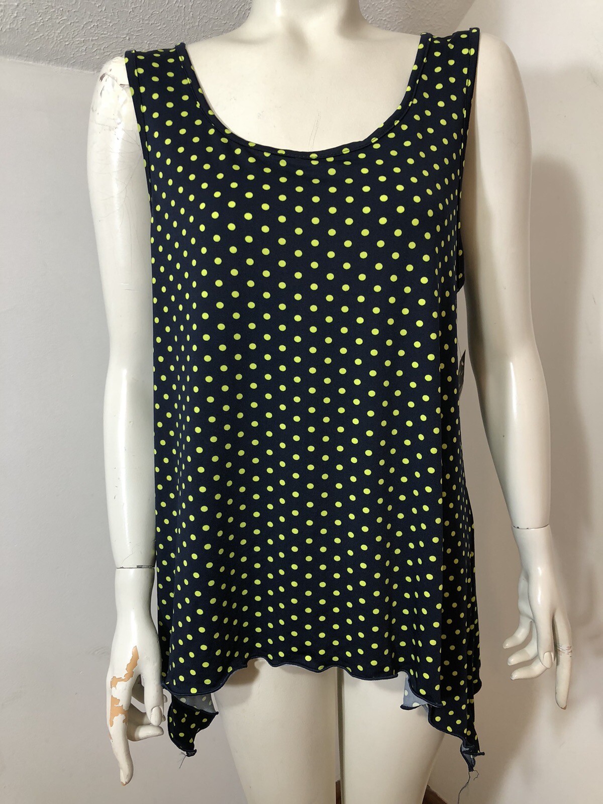 Robert Louis New Womens Large Tank Top Navy Lime Polka Dot Drawstring Back