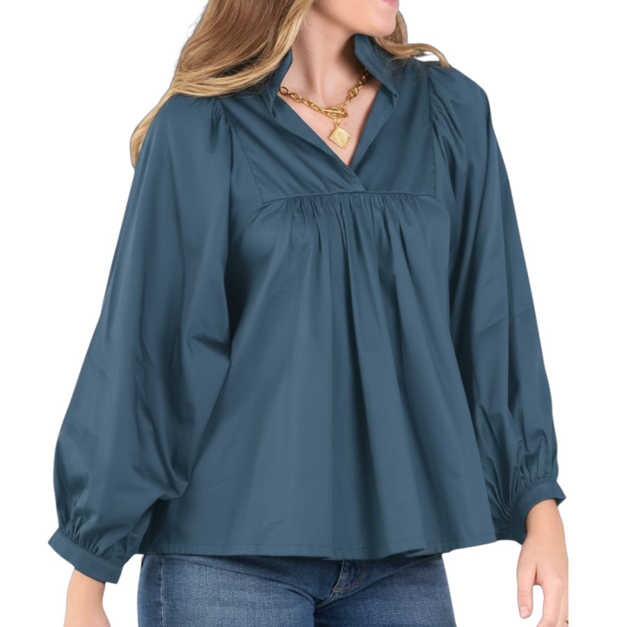 NWT Emily McCarthy VINTAGE INDIGO BLUE Stella Top Poplin RUFFLE STAND Collar XS