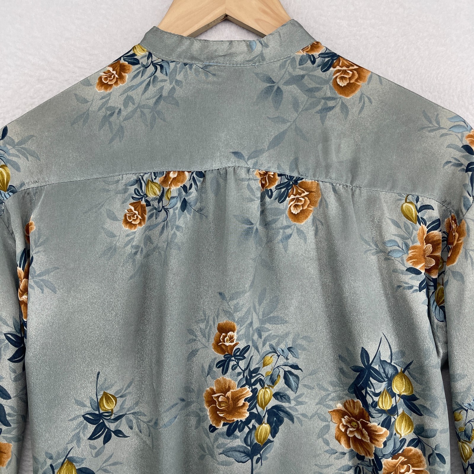 JONATHAN MARTIN Top Womens L Floral Mandarin Silk Crepe de Chine Button Up Blue