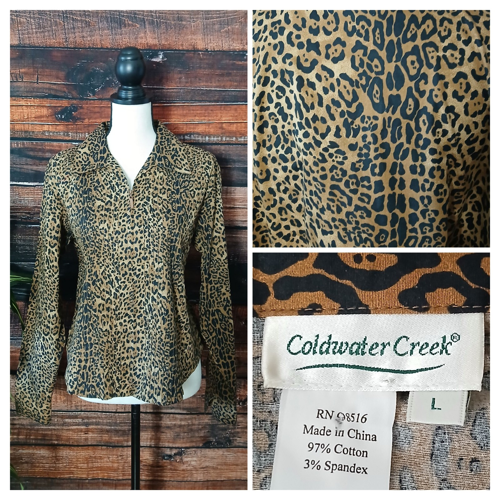 Coldwater Creek Large Blouse Top Full Zip Leopard Print Cotton Stretch Pleated