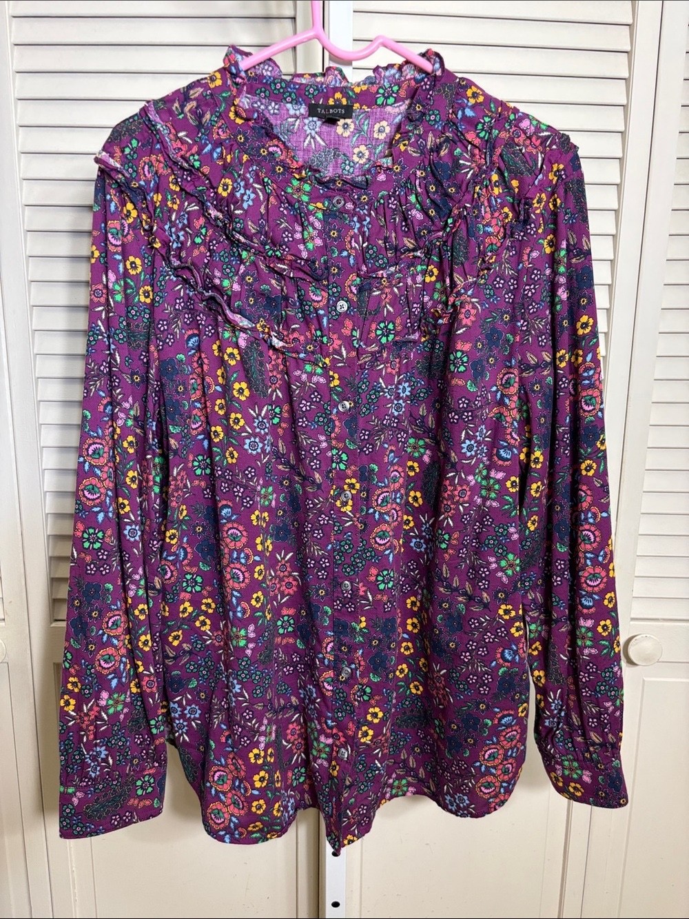 Talbots Shirred Neck Top Blossom Party Floral Multicolor Cotton & Rayon XL