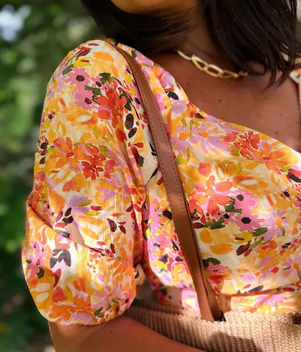 Wrap Top Women’s Watercolour Floral Sweetheart Neck Puff Sleeve Wrap Blouse