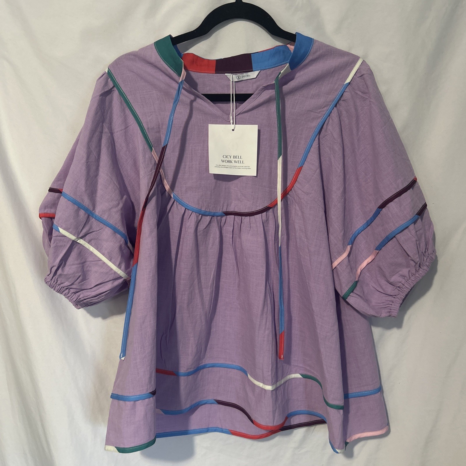 Cicy Bell Women’s Cute, Short, Boho Puff Sleeve Blouse W/Multi Color Trim XXL