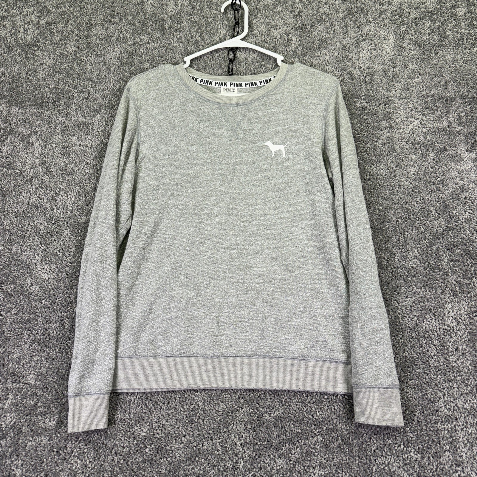 PINK Victoria’s Secret Shirt Womens Small Gray Crew Neck Dog Logo Pullover