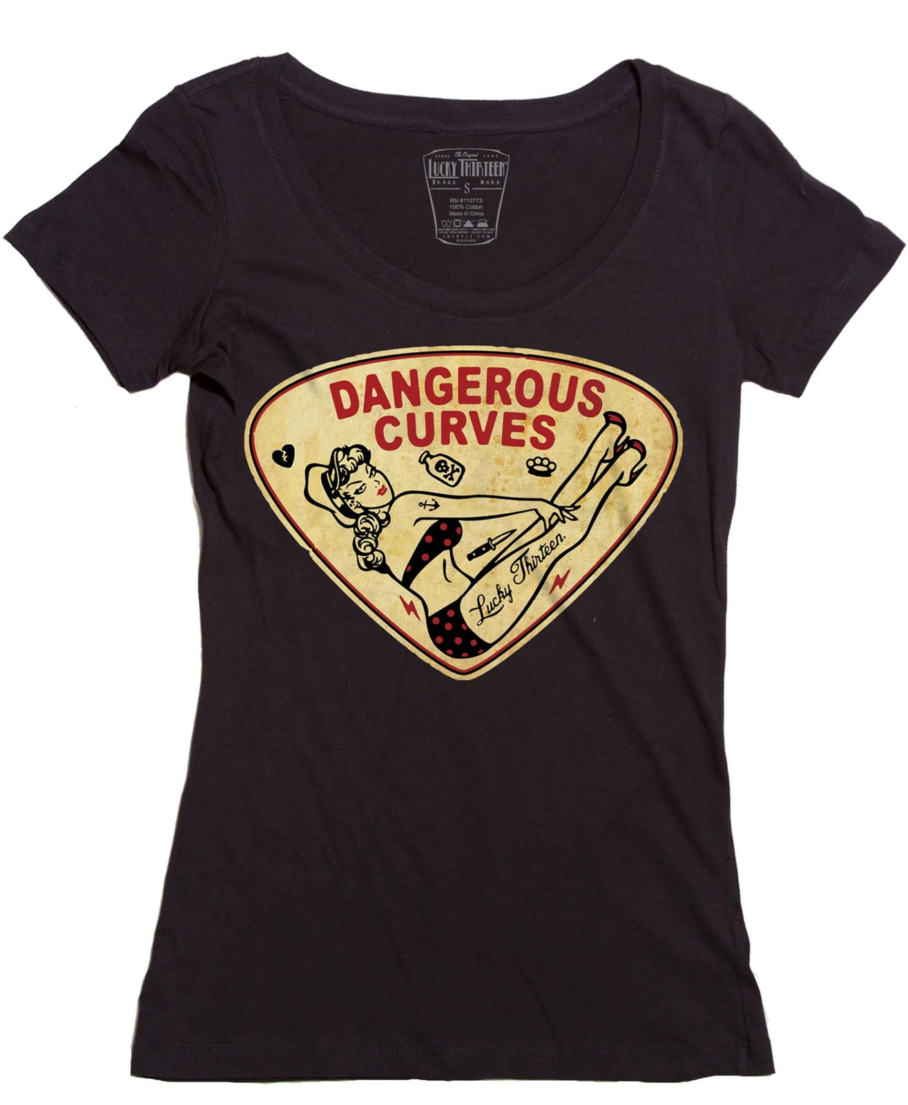 Authentic LUCKY 13 Curves Scoop Neck T-Shirt S M L XL 2XL NEW