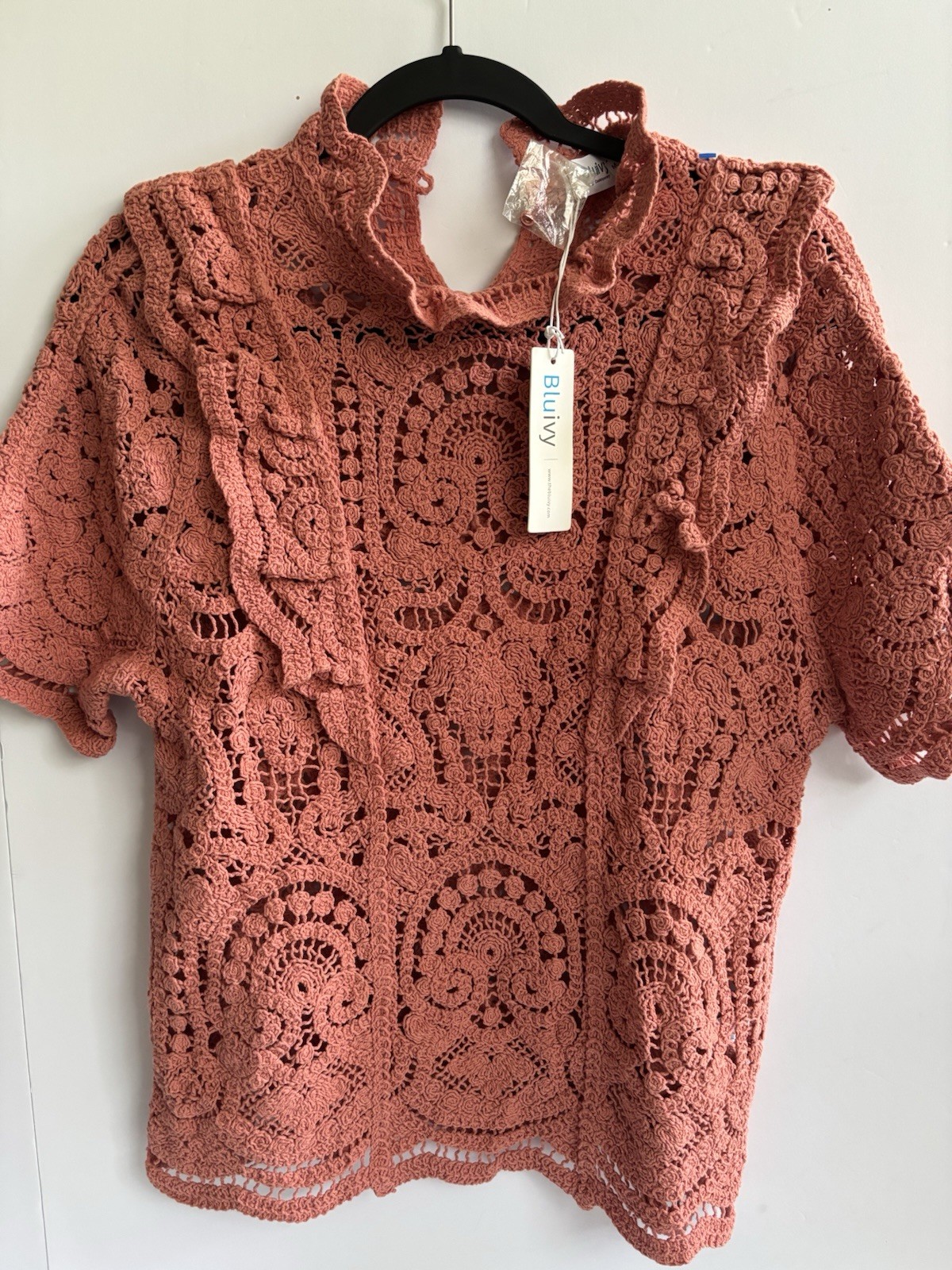 NWT BluiVy M Open Knit Crochet Top Ginger Ruffle Boho Cotton Medium