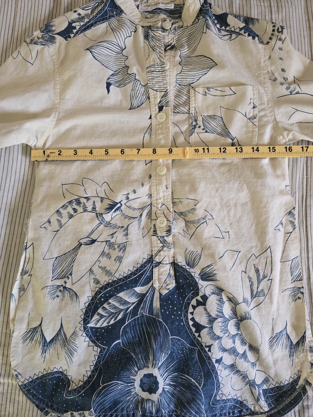 Vtg Jones New York Asian Inspired Linen Tunic Half Button Down Size 8 Cream Blue