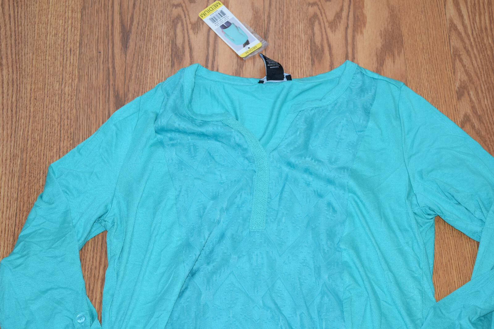 NWT Womens RXB Pool Green 3/4 Roll Tab Sleeve Split V Tunic Shirt Blouse Size XL