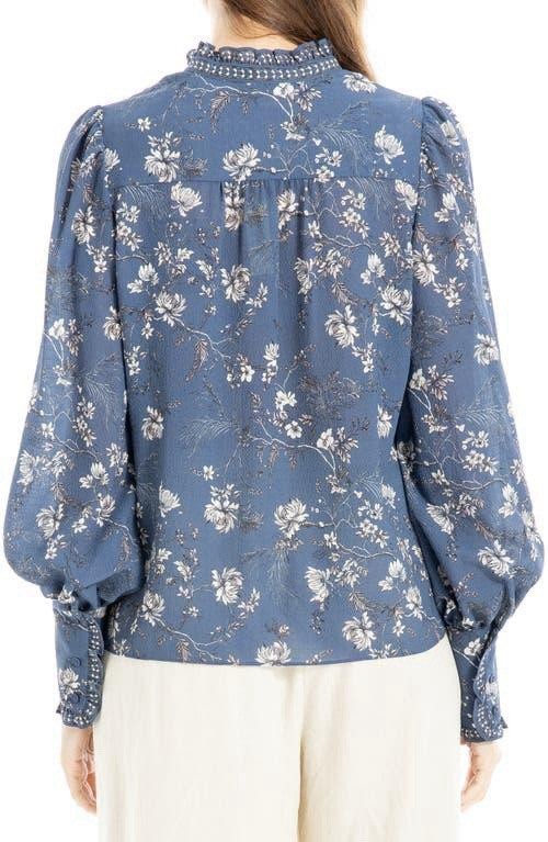 MAX STUDIO Blue & Cream Floral Gathered Sleeve Top or Blouse Sz S