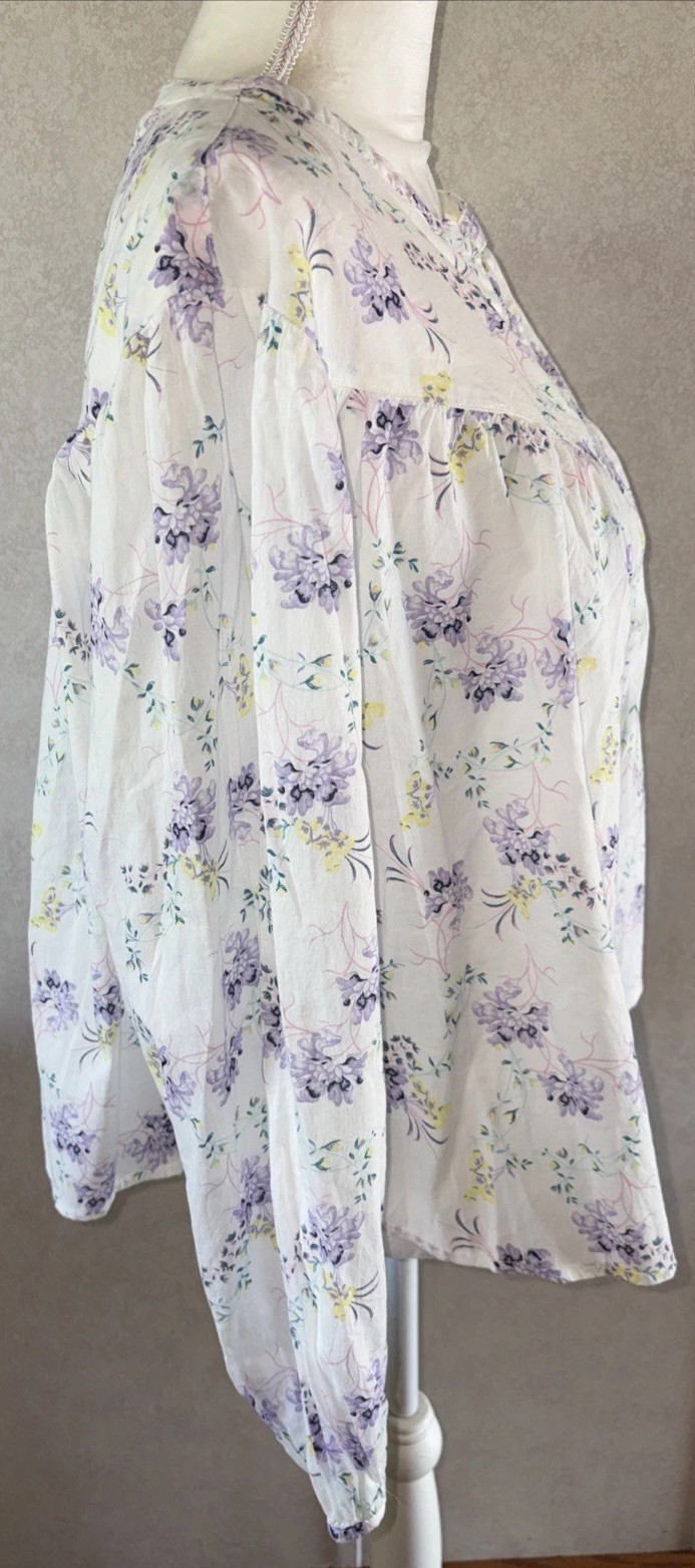 Scoop Button White Floral Print Boho Flowy Hippie Blouse X-SMALL NEW #16016-17