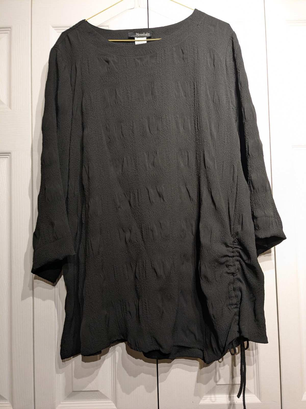 Moonlight Shirt Women XL+ Blk Textured 3/4 Sleeve Tunic Top Side Ruched Asym Hem