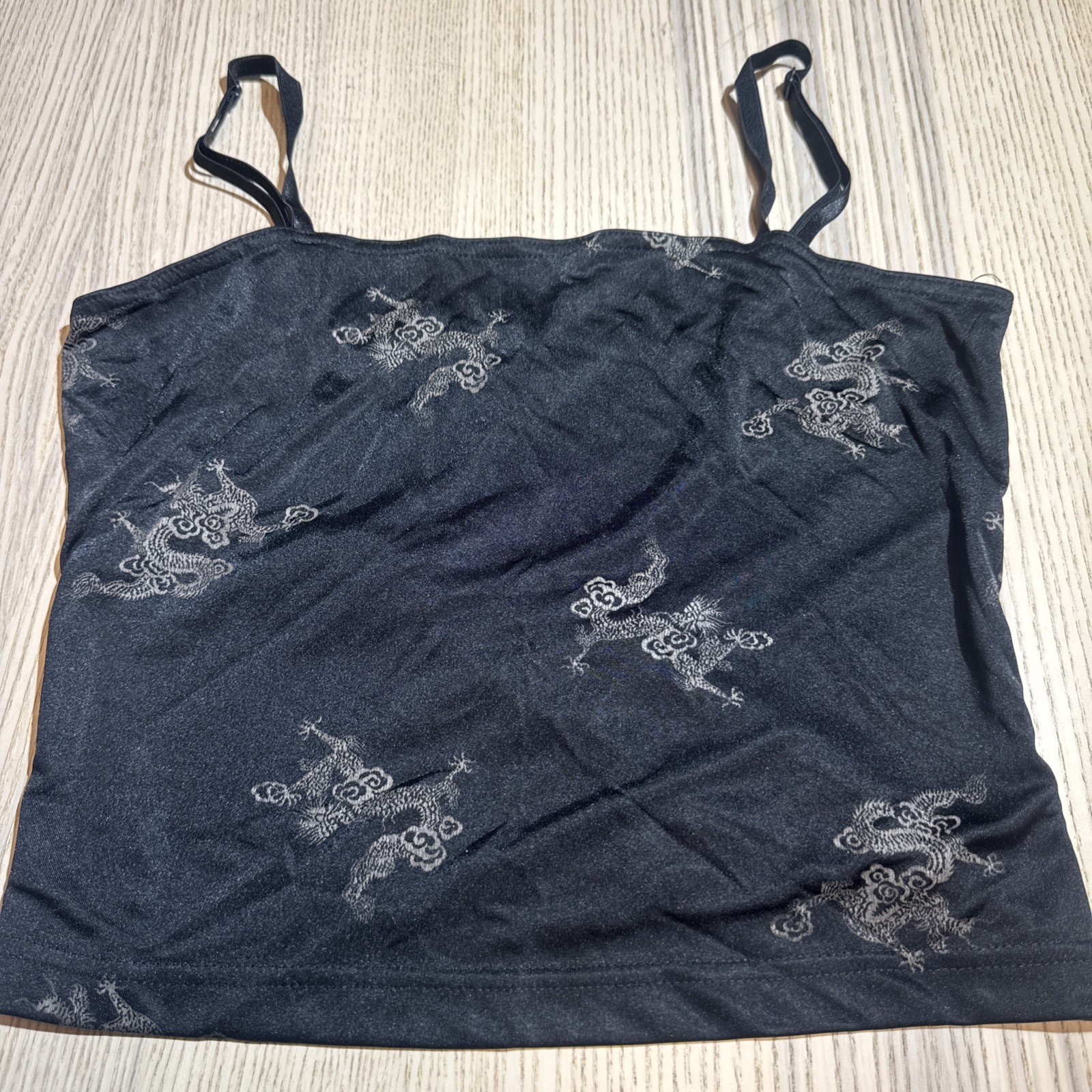 VTG Y2K Love Street San Francisco Black Mesh Dragon Print Camisole Asian Grunge