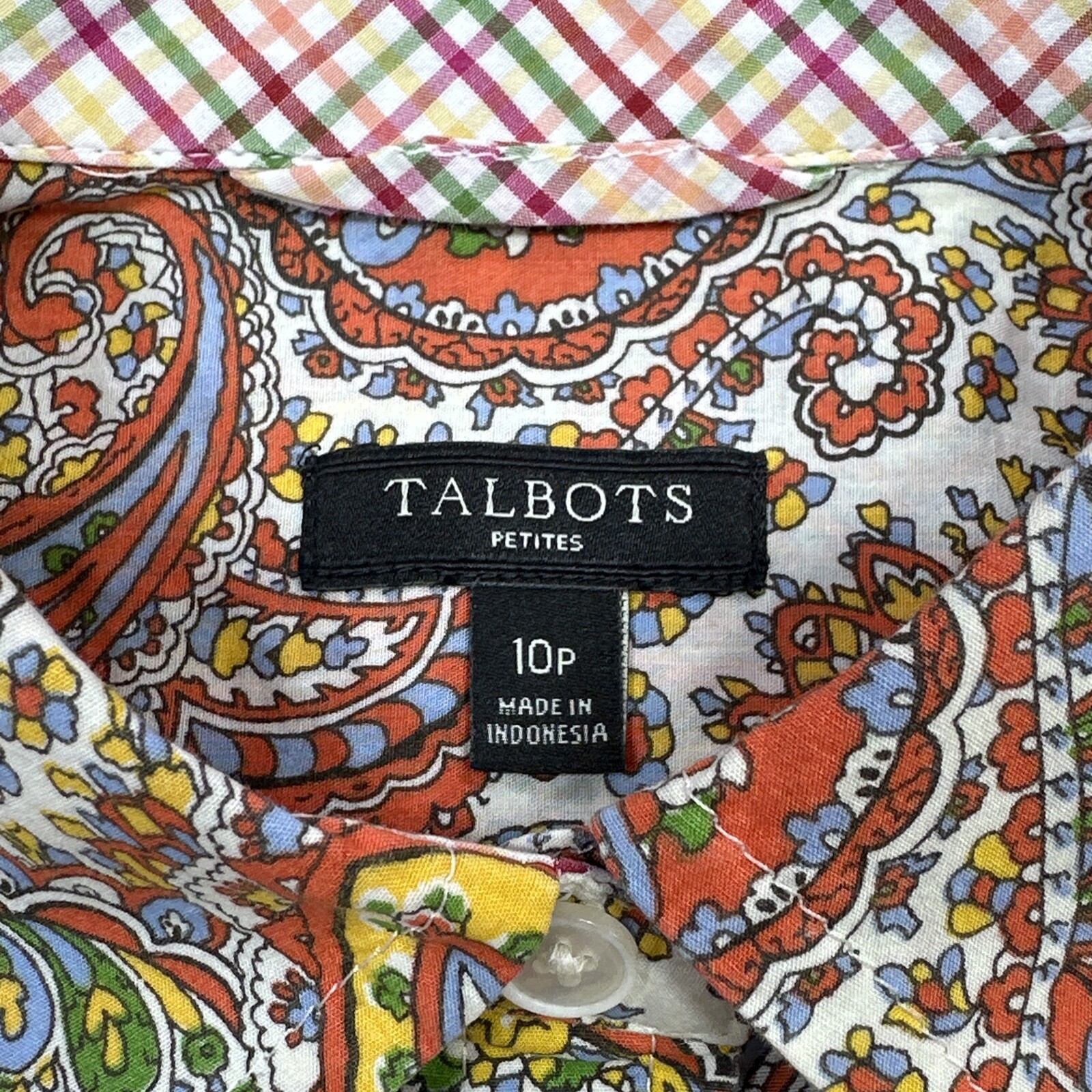 Talbots Top 10P Orange Paisley Roll Tab Flip Cuff Versatile Layer Everyday Wear