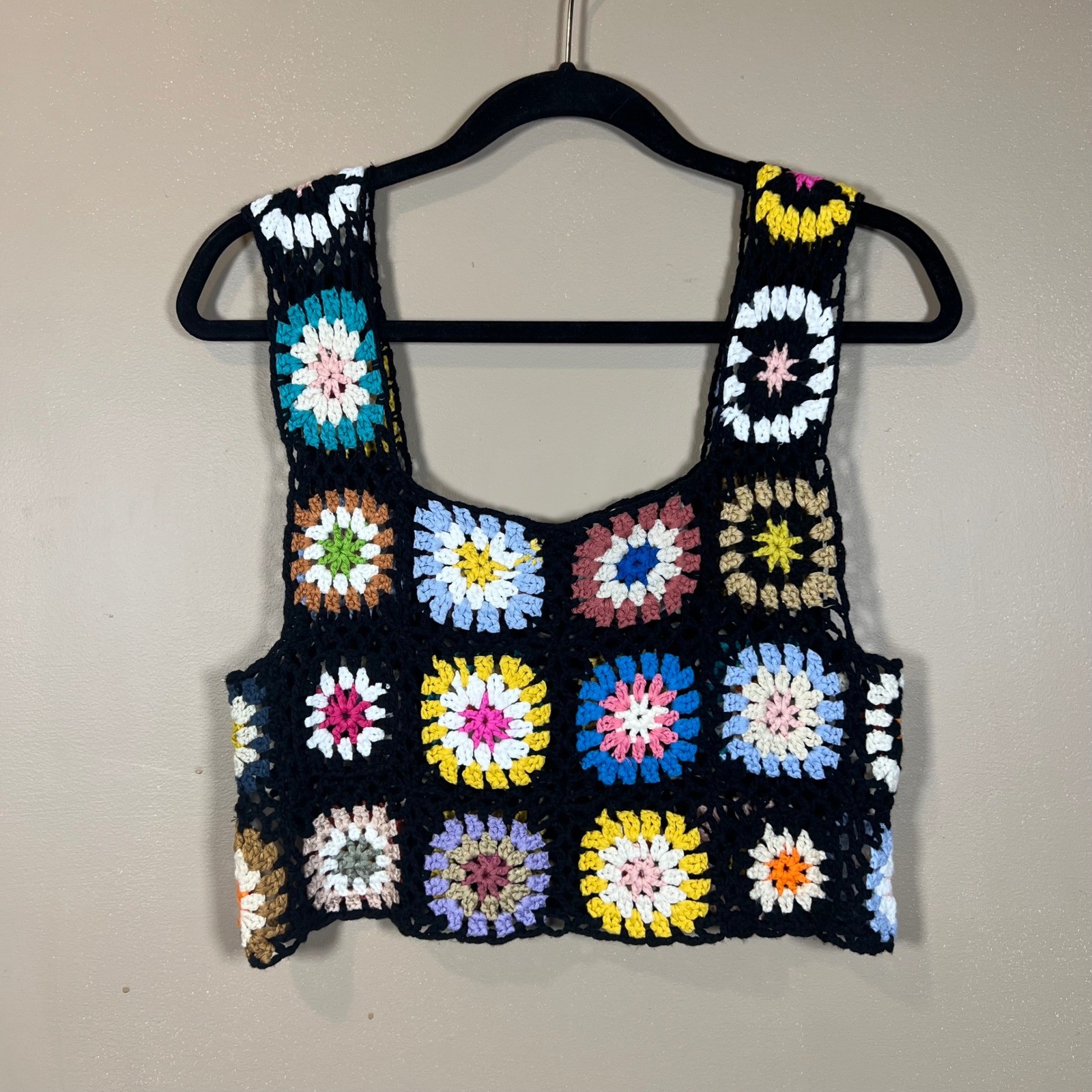 Handmade Crochet Granny Square Crop Top Multi-Color Boho Knit Tank Vest Black
