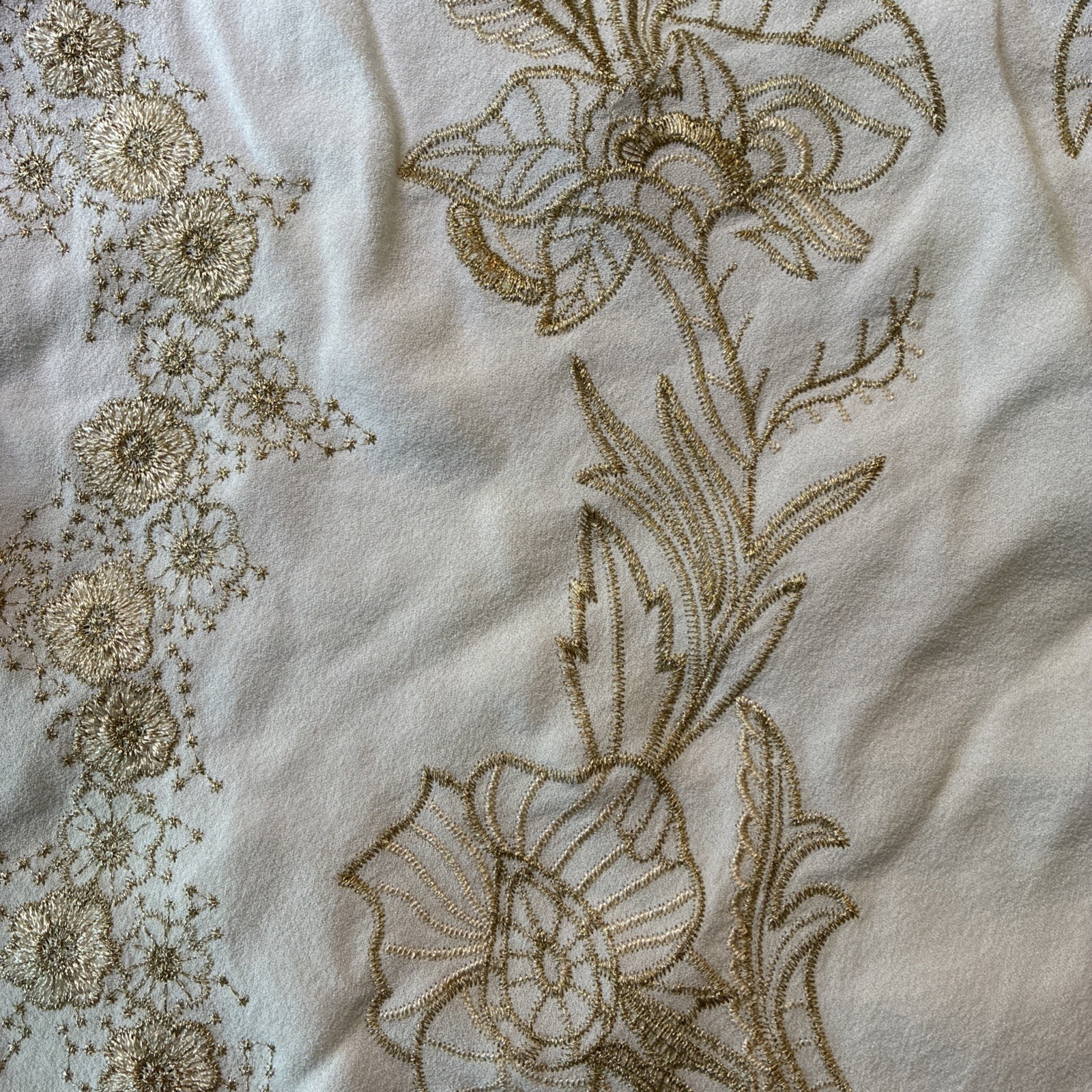 Hale Bob Women’s White Gold Floral Embroidered Peasant Blouse Bishop Sleeve S