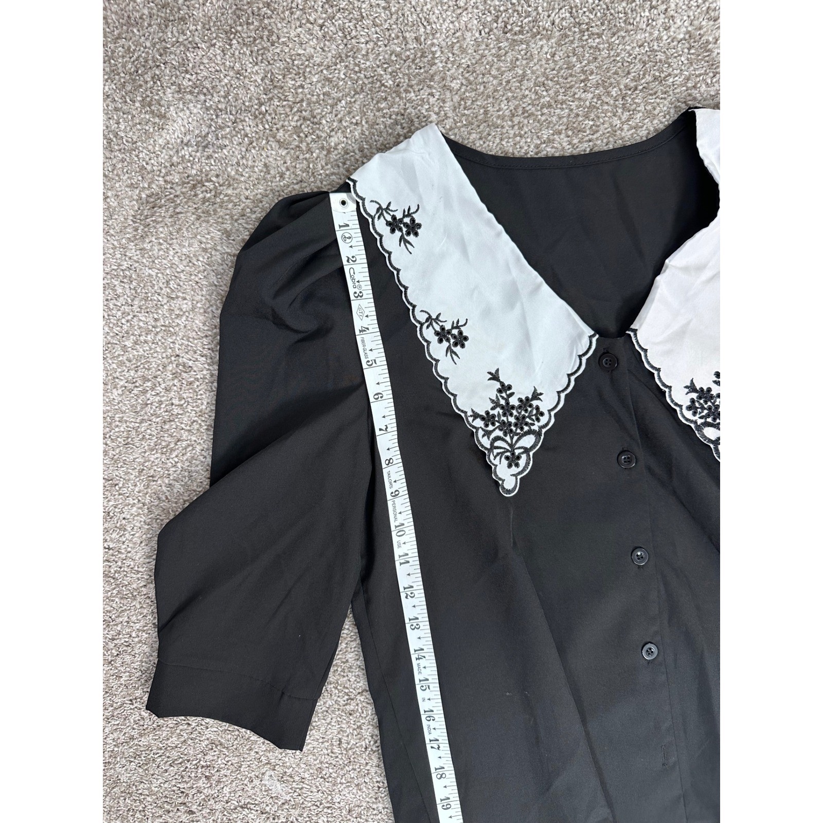Black Embroidered Oversized Collar Blouse 3/4 Sleeve Button Front Top