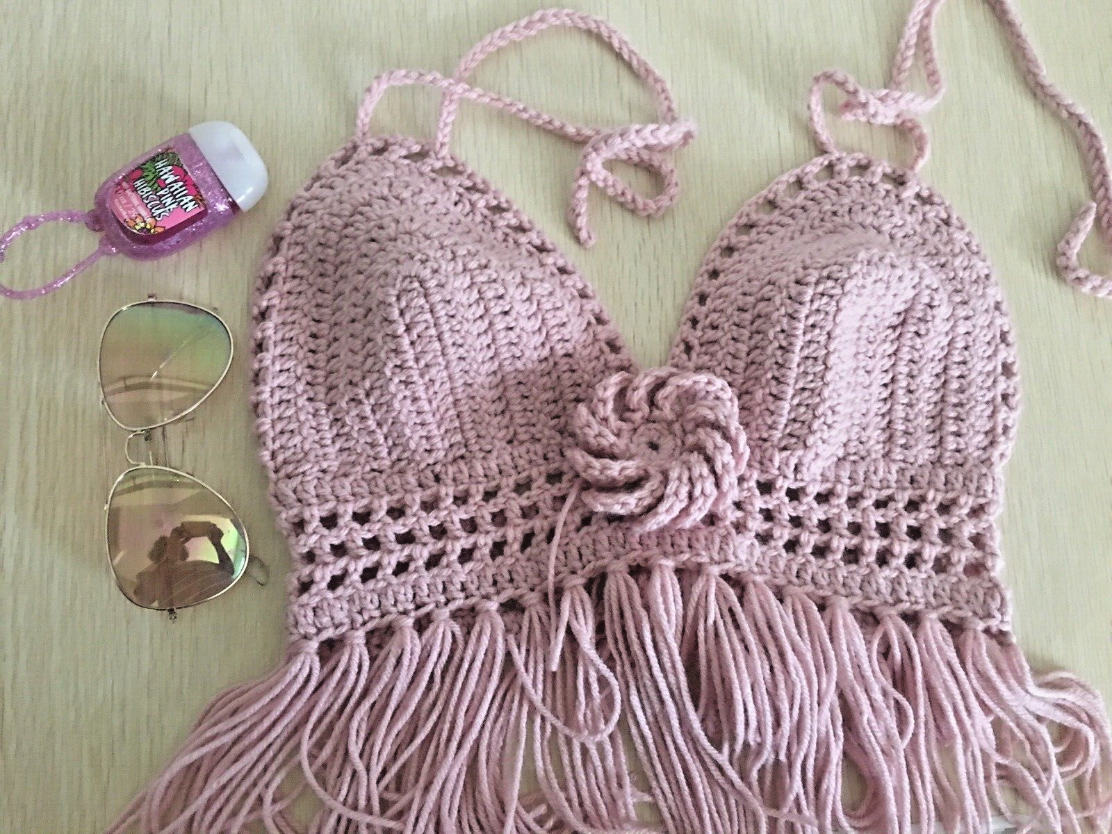LOW PRICE TOP HANDMADE CROP TOP HALTER TOP BRALETTE FRINGE CORSET BLUSH PINK