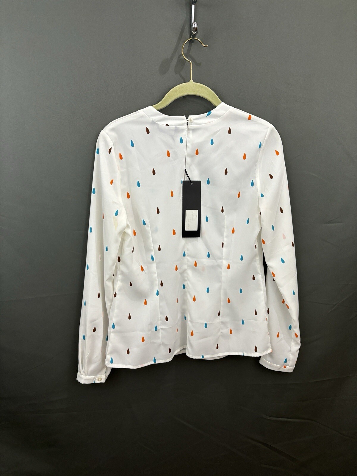 Nife Women’s Blouse White/MultiColor Teardrop Design Long Sleeves NWT Size Small