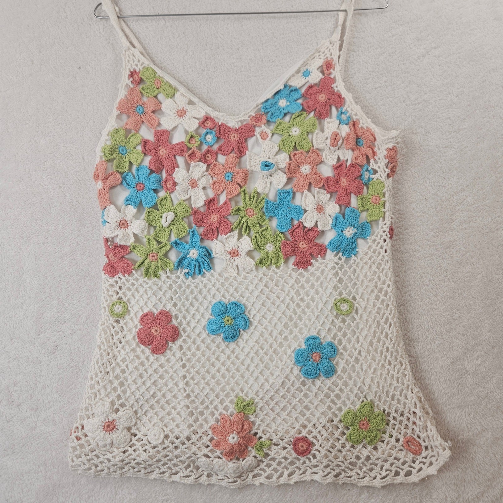 Maurice Sasson Crochet Floral Camisole Top L Cream Pink Blue Ramie Cotton Blend