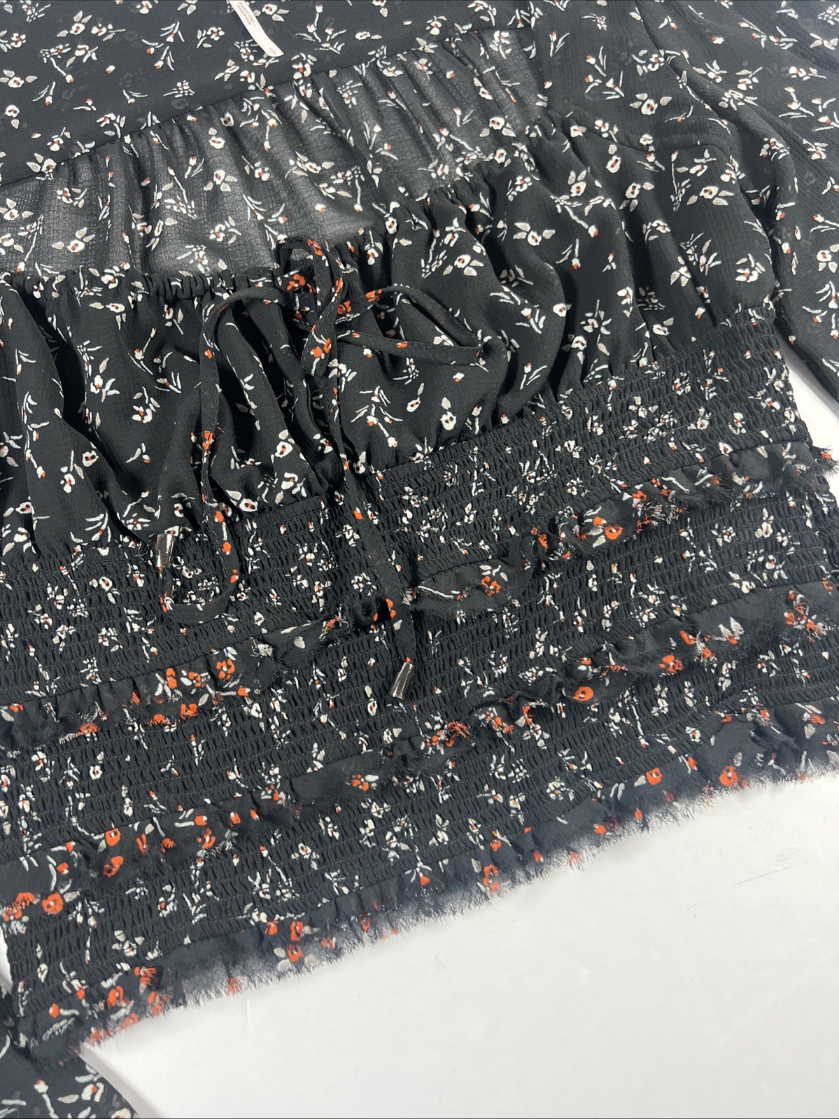 Free People Floral Print Top Light & Sheer Square Neck Raw Edges Black Small