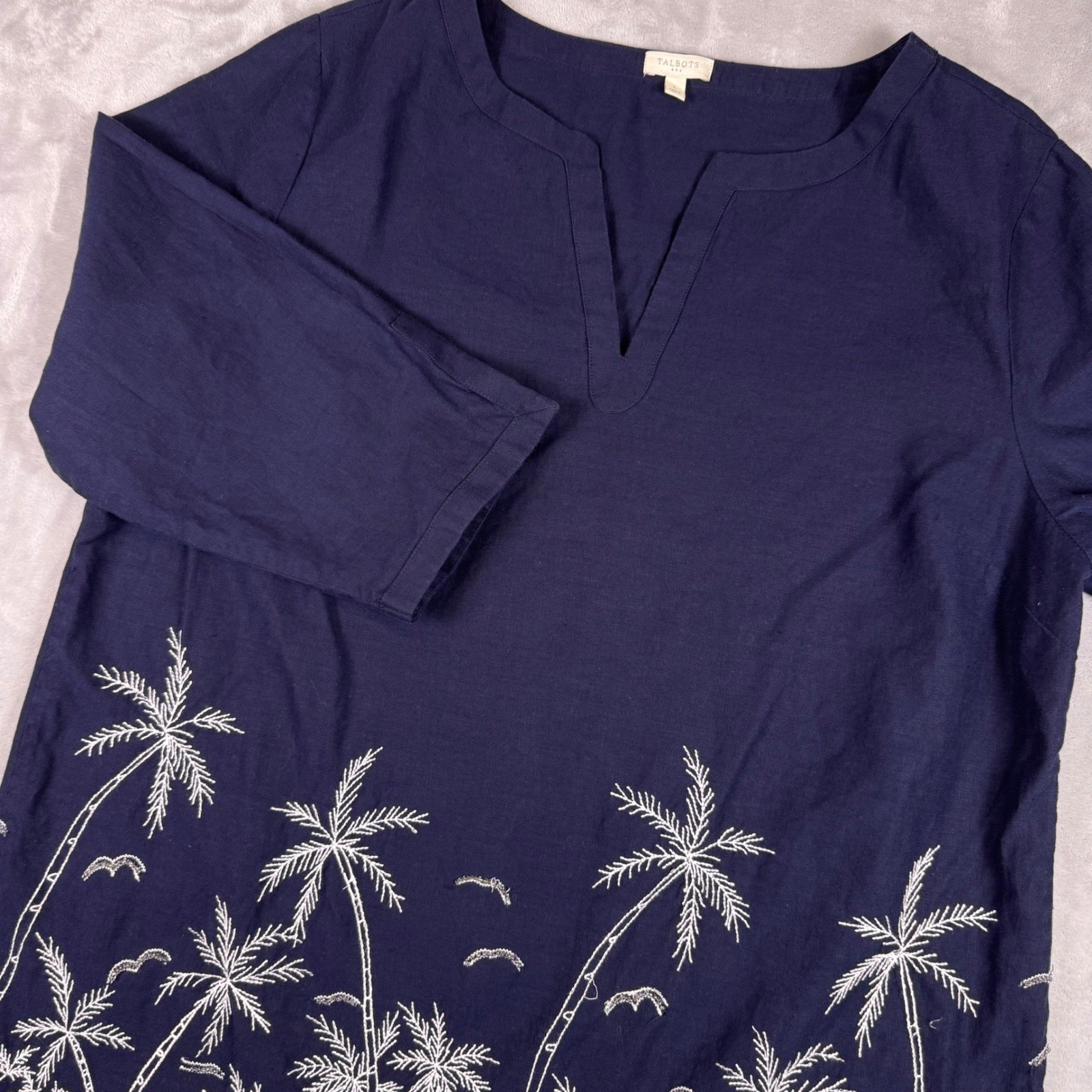 Talbots Womens Navy Blue Linen Shift Dress Cotton Tropical Embroidered Beaded L