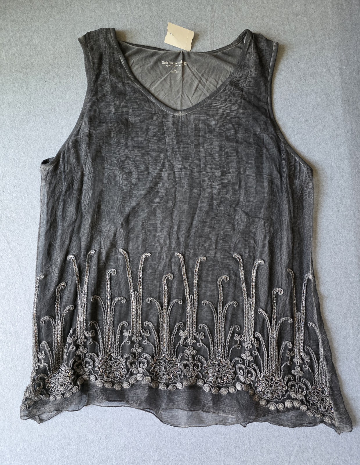 New Soft Surroundings Womens 3X Gray Silk Crinkle Sequin Embroidered Tunic Tank